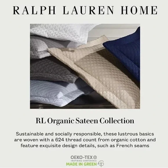 NEW Ralph Lauren RL Organic Cotton Sateen Graphite 2 King Pillowcases $130
